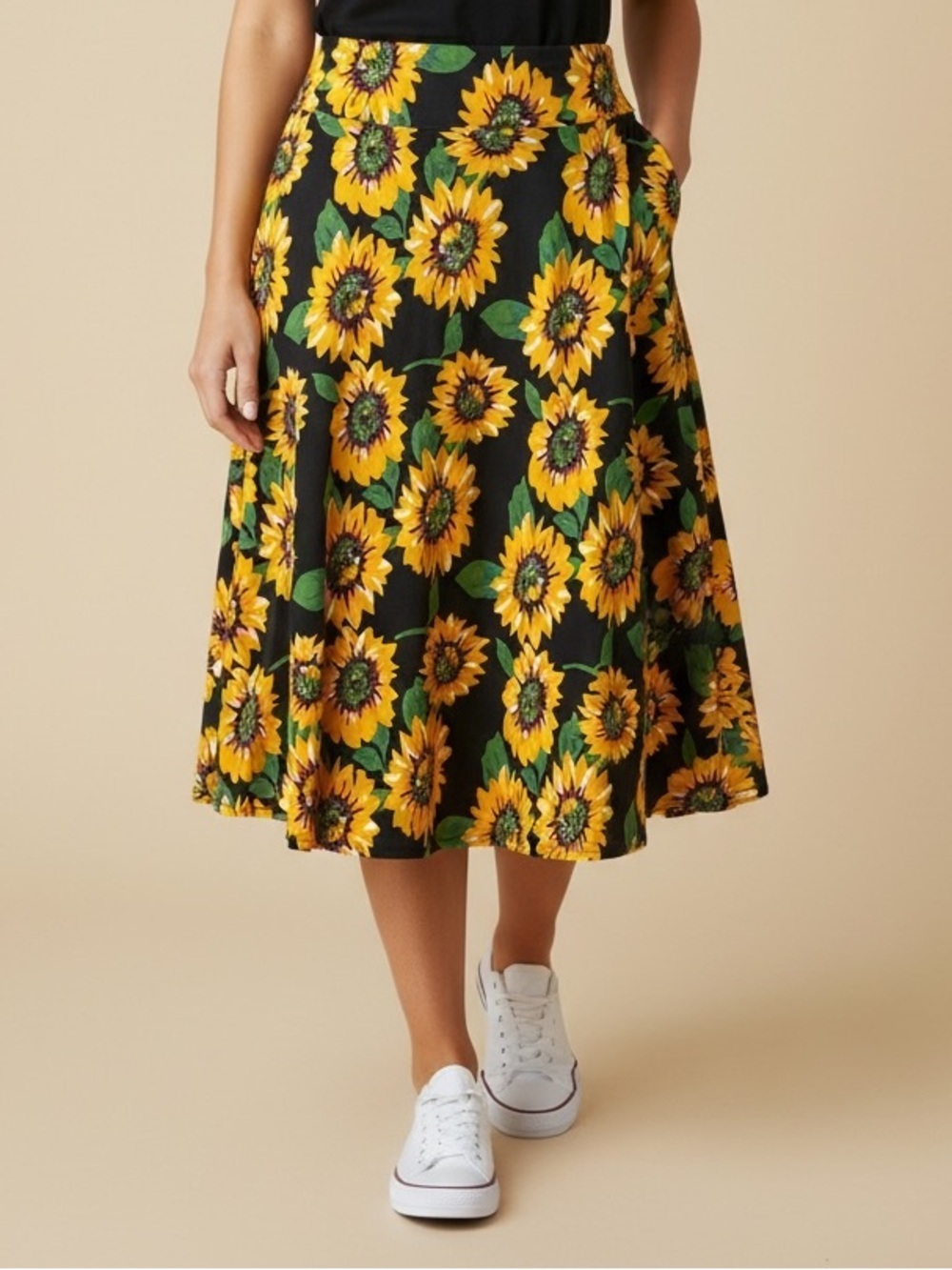Fancyqube Sunflower Floral A-Line Midi Skirt High Waist Cottagecore Prairie